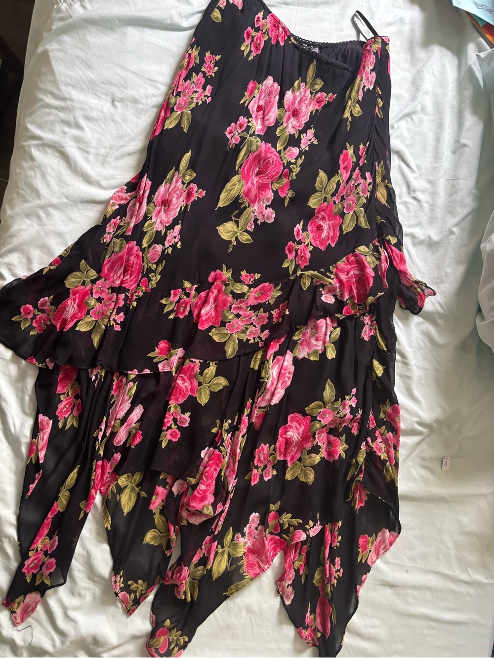 Nostalgia Black Asymmetrical Maxi Skirt with Pink Rose Print